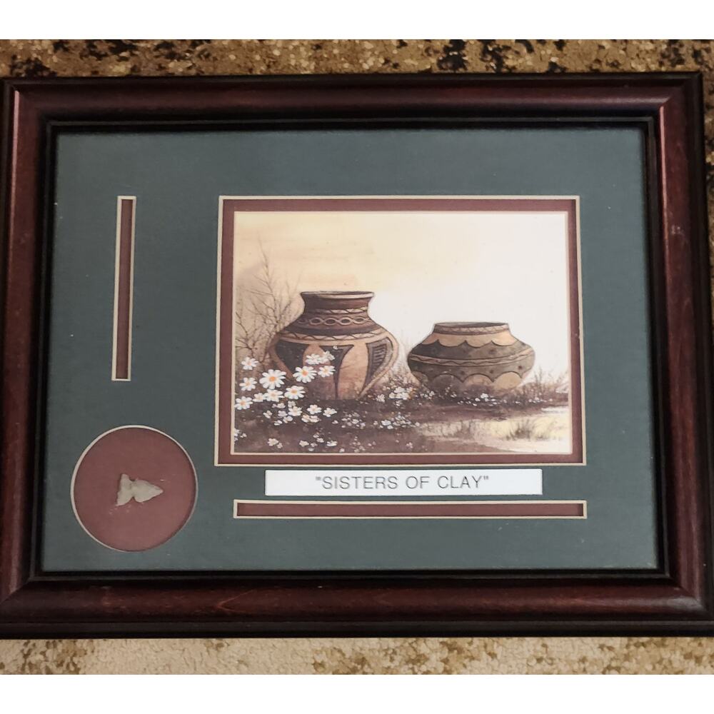 Native American Painting and Real Arrow Head Matted and Framed SISTERS OF CLAY - Picture 3 of 6